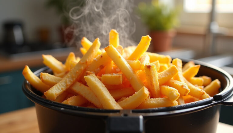 Golden crispy french fries in an air fryer basket